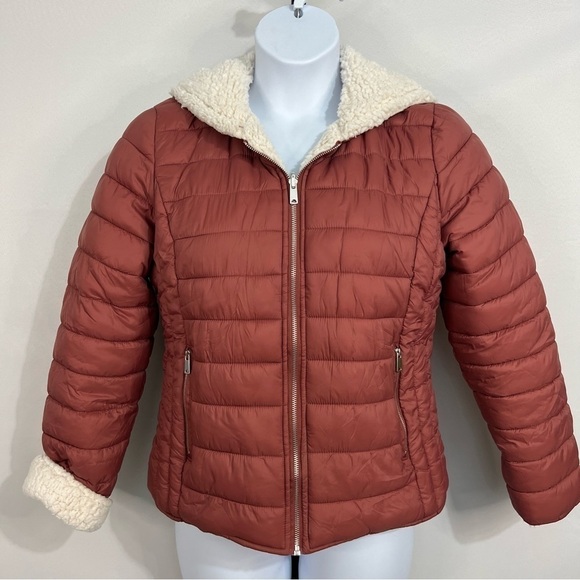 Love tree Sherpa lined puffer jacket size large, dusty rose color, hooded jacket - Picture 1 of 9